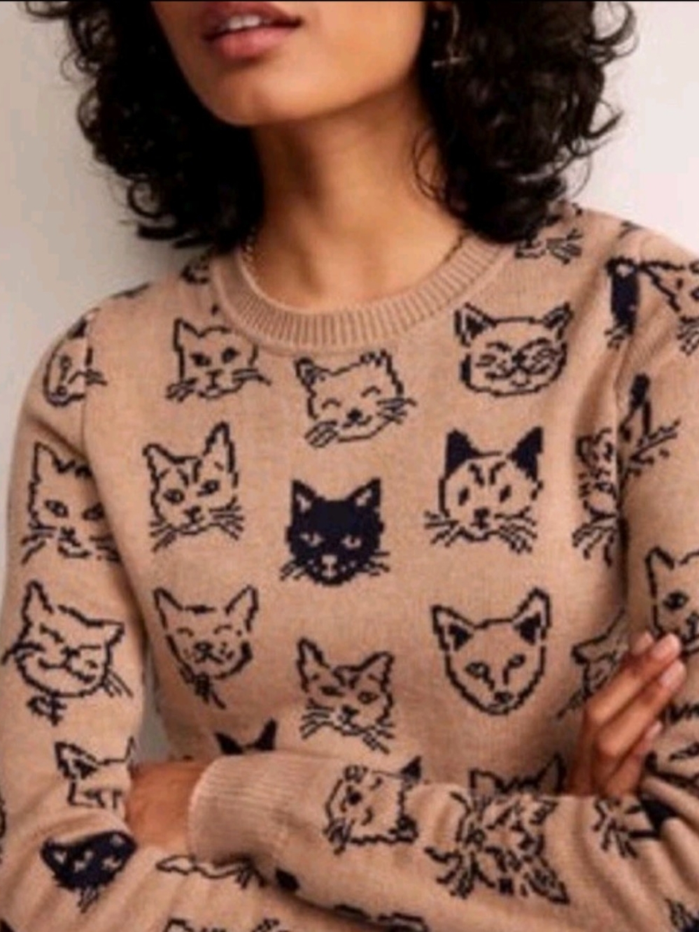 Boden Tan Navy Blue Cats Crewneck Sweater S-M